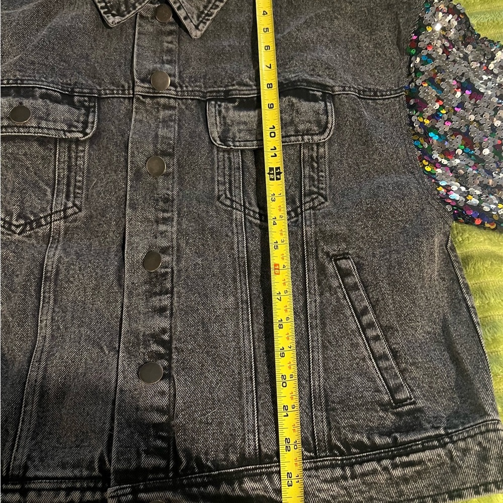 Flying Tomato Sequin Sleeve Denim Jacket Black L New Glam Festival - Picture 11 of 13